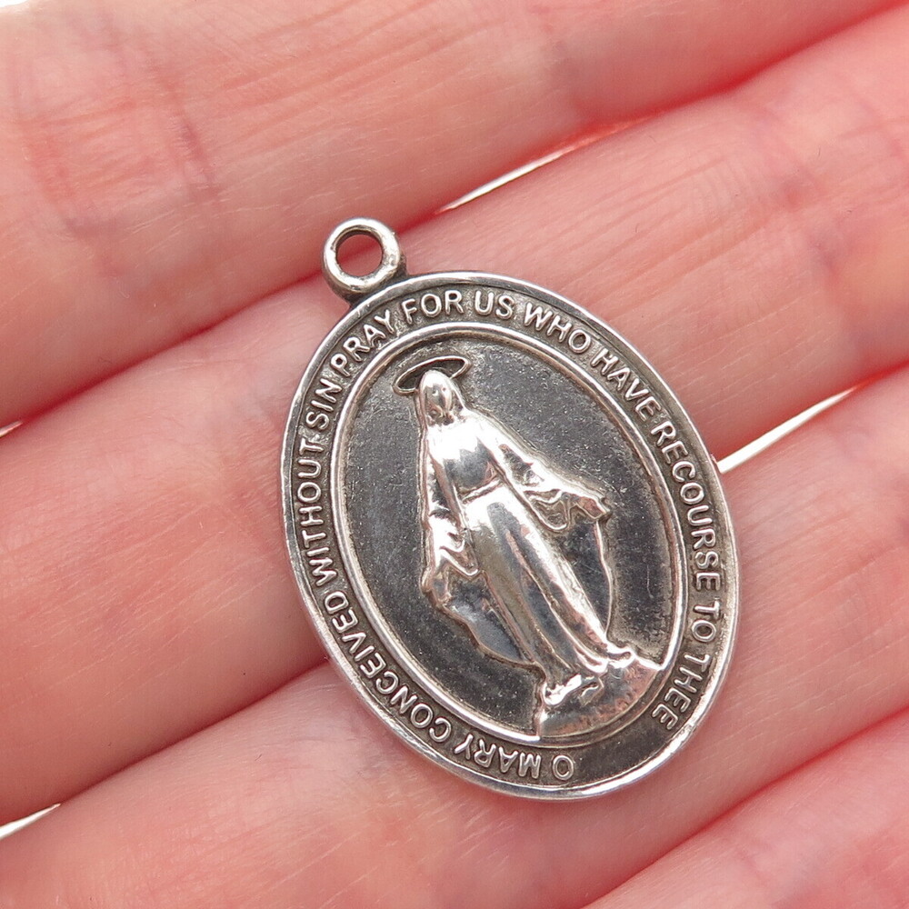 BLISS 925 Sterling Silver Antique Art Deco St. Mary Miraculous Medal Pendant